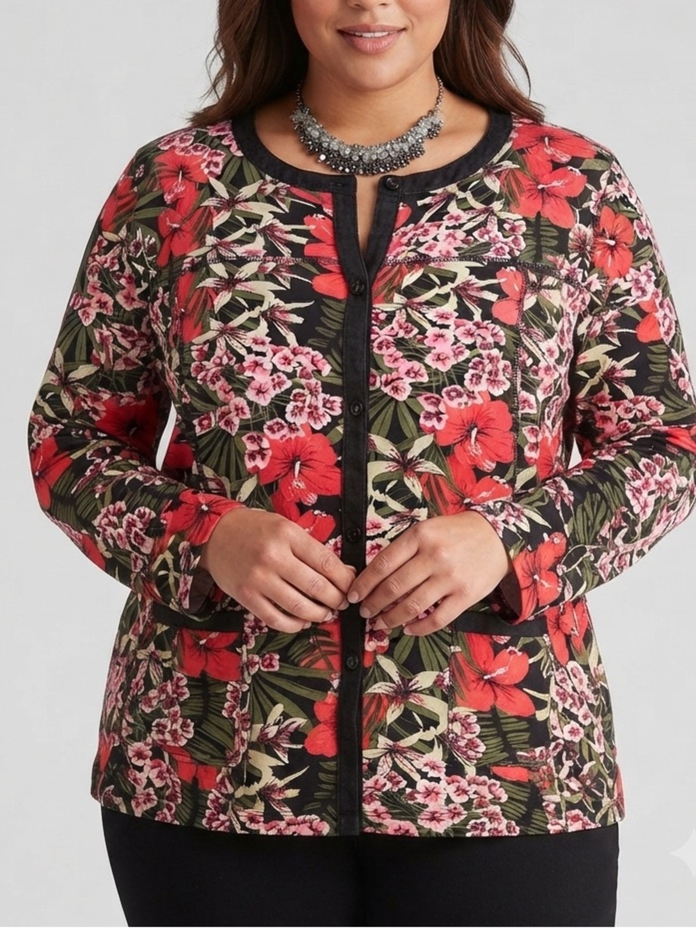 ALIA Tropical Floral Open Cardigan with Red & Pink Flowers Black Denim Trim XL